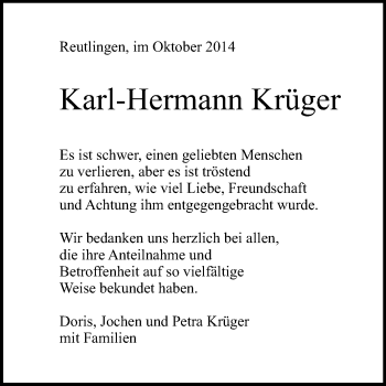 Anzeige von Karl-Hermann Krüger von Reutlinger Generalanzeiger