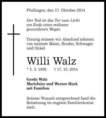 Anzeige von Willi Walz von Reutlinger Generalanzeiger