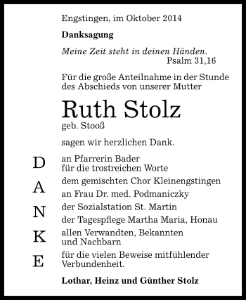 Anzeige von Ruth Stolz von Reutlinger Generalanzeiger