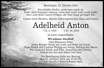 Anzeige von Adelheid Anton von Reutlinger Generalanzeiger