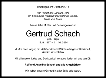 Anzeige von Gertrud Schach von Reutlinger Generalanzeiger
