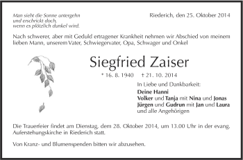 Anzeige von Siegfried Zaiser von Reutlinger Generalanzeiger