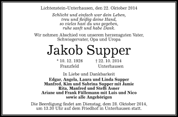 Anzeige von Jakob Supper von Reutlinger Generalanzeiger