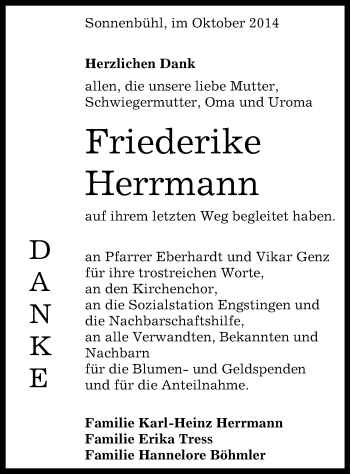 Anzeige von Friederike Herrmann von Reutlinger Generalanzeiger