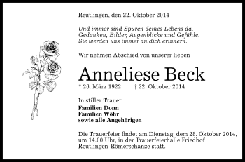 Anzeige von Anneliese Beck von Reutlinger Generalanzeiger