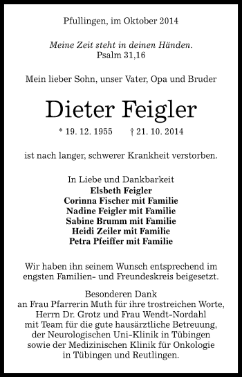 Anzeige von Dieter Feigler von Reutlinger Generalanzeiger