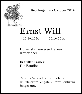 Anzeige von Ernst Will von Reutlinger Generalanzeiger