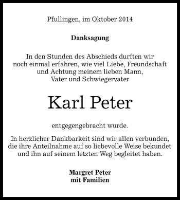 Anzeige von Karl Peter von Reutlinger Generalanzeiger