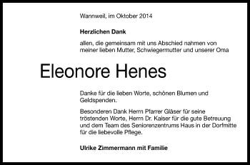 Anzeige von Eleonore Henes von Reutlinger Generalanzeiger