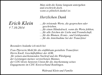 Anzeige von Erich Klein von Reutlinger Generalanzeiger