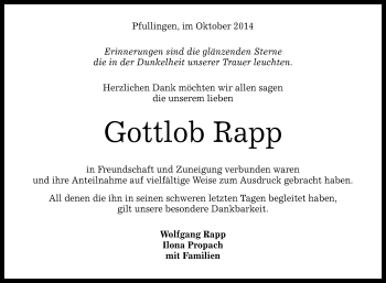 Anzeige von Gottlob Rapp von Reutlinger Generalanzeiger