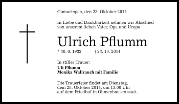 Anzeige von Ulrich Pflumm von Reutlinger Generalanzeiger