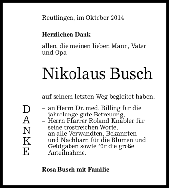 Anzeige von Nikolaus Busch von Reutlinger Generalanzeiger