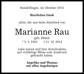 Anzeige von Marianne Rau von Reutlinger Generalanzeiger