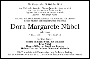 Anzeige von Dora Margarete Nübel von Reutlinger Generalanzeiger