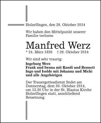 Anzeige von Manfred Werz von Reutlinger Generalanzeiger