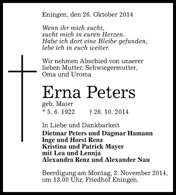Anzeige von Erna Peters von Reutlinger Generalanzeiger