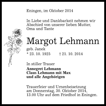 Anzeige von Margot Lehmann von Reutlinger Generalanzeiger