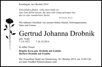 Anzeige von Gertrud Johanna Drobnik von Reutlinger Generalanzeiger