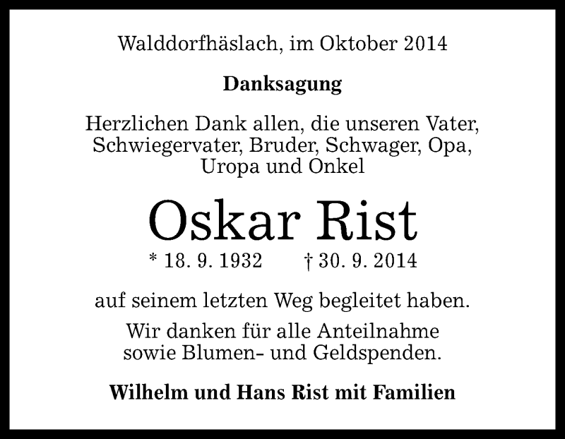 Traueranzeige für Oskar Rist vom 30.10.2014 aus Reutlinger Generalanzeiger
