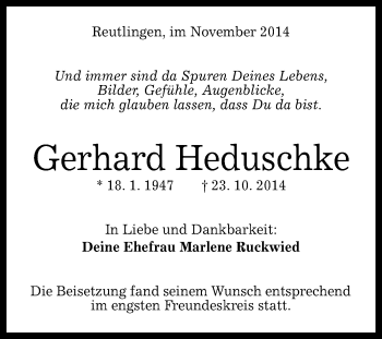 Anzeige von Gerhard Heduschke von Reutlinger Generalanzeiger