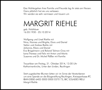 Anzeige von Margrit Riehle von Reutlinger Generalanzeiger