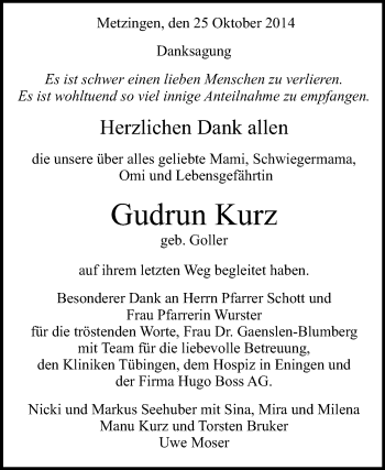 Anzeige von Gudrun Kurz von Reutlinger Generalanzeiger