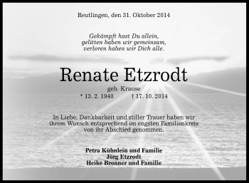 Anzeige von Renate Etzrodt von Reutlinger Generalanzeiger