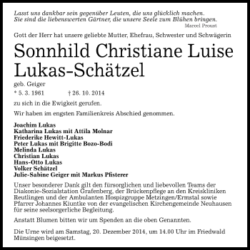 Anzeige von Sonnhild Christiane Luise Lukas-Schätzel von Reutlinger Generalanzeiger