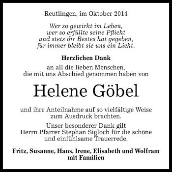 Anzeige von Helene Göbel von Reutlinger Generalanzeiger