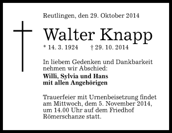 Anzeige von Walter Knapp von Reutlinger Generalanzeiger