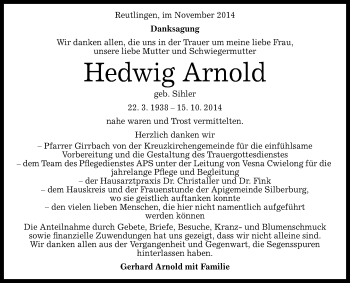 Anzeige von Hedwig Arnold von Reutlinger Generalanzeiger
