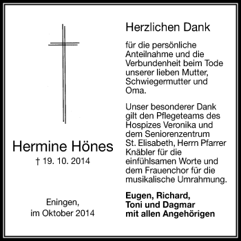 Anzeige von Hermine Hönes von Reutlinger Generalanzeiger