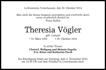 Anzeige von Theresia Vögler von Reutlinger Generalanzeiger