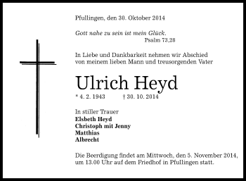 Anzeige von Ulrich Heyd von Reutlinger Generalanzeiger
