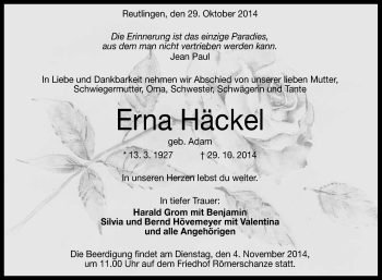 Anzeige von Erna Häckel von Reutlinger Generalanzeiger