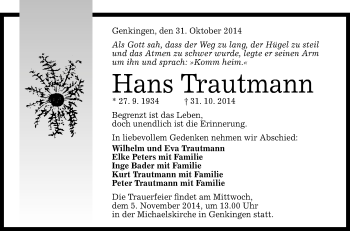 Anzeige von Hans Trautmann von Reutlinger Generalanzeiger