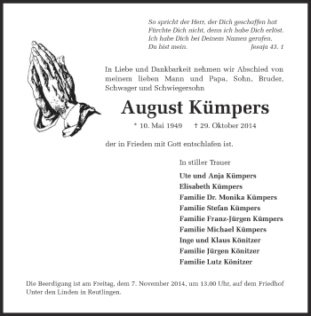 Anzeige von August Kümpers von Reutlinger Generalanzeiger