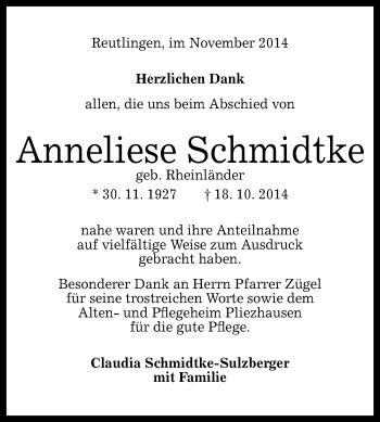 Anzeige von Anneliese Schmidtke von Reutlinger Generalanzeiger