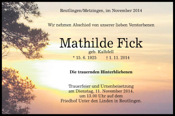 Anzeige von Mathilde Fick von Reutlinger Generalanzeiger
