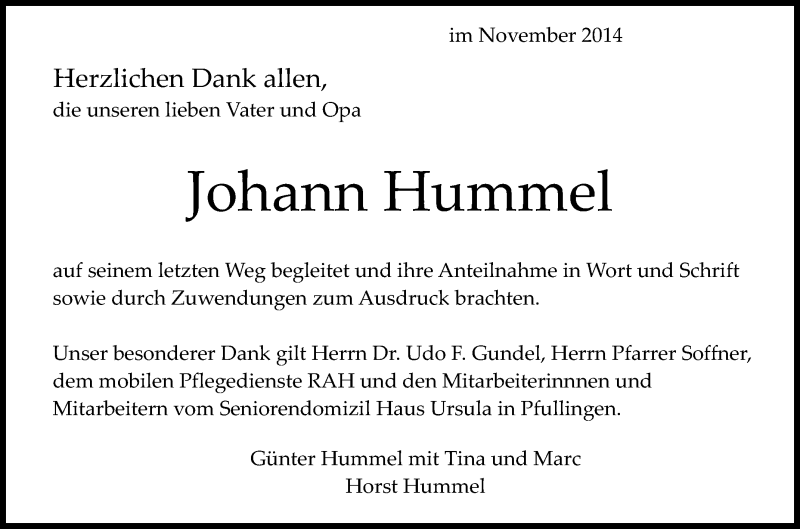  Traueranzeige für Johann Hummel vom 05.11.2014 aus Reutlinger Generalanzeiger