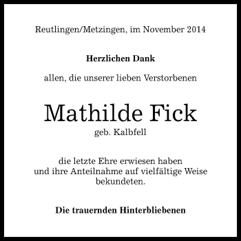 Anzeige von Mathilde Fick von Reutlinger Generalanzeiger