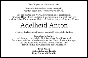 Anzeige von Adelheid Anton von Reutlinger Generalanzeiger