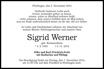 Anzeige von Sigrid Werner von Reutlinger Generalanzeiger