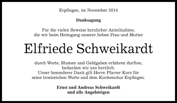 Anzeige von Elfriede Schweikardt von Reutlinger Generalanzeiger