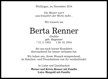 Anzeige von Berta Renner von Reutlinger Generalanzeiger