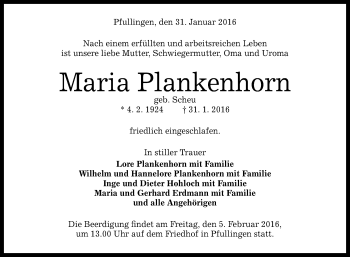 Anzeige von Maria Plankenhorn von Reutlinger Generalanzeiger