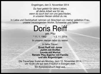 Anzeige von Doris Reiff von Reutlinger Generalanzeiger