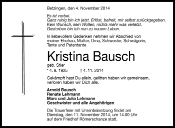 Anzeige von Kristina Bausch von Reutlinger Generalanzeiger