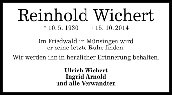 Anzeige von Reinhold Wichert von Reutlinger Generalanzeiger